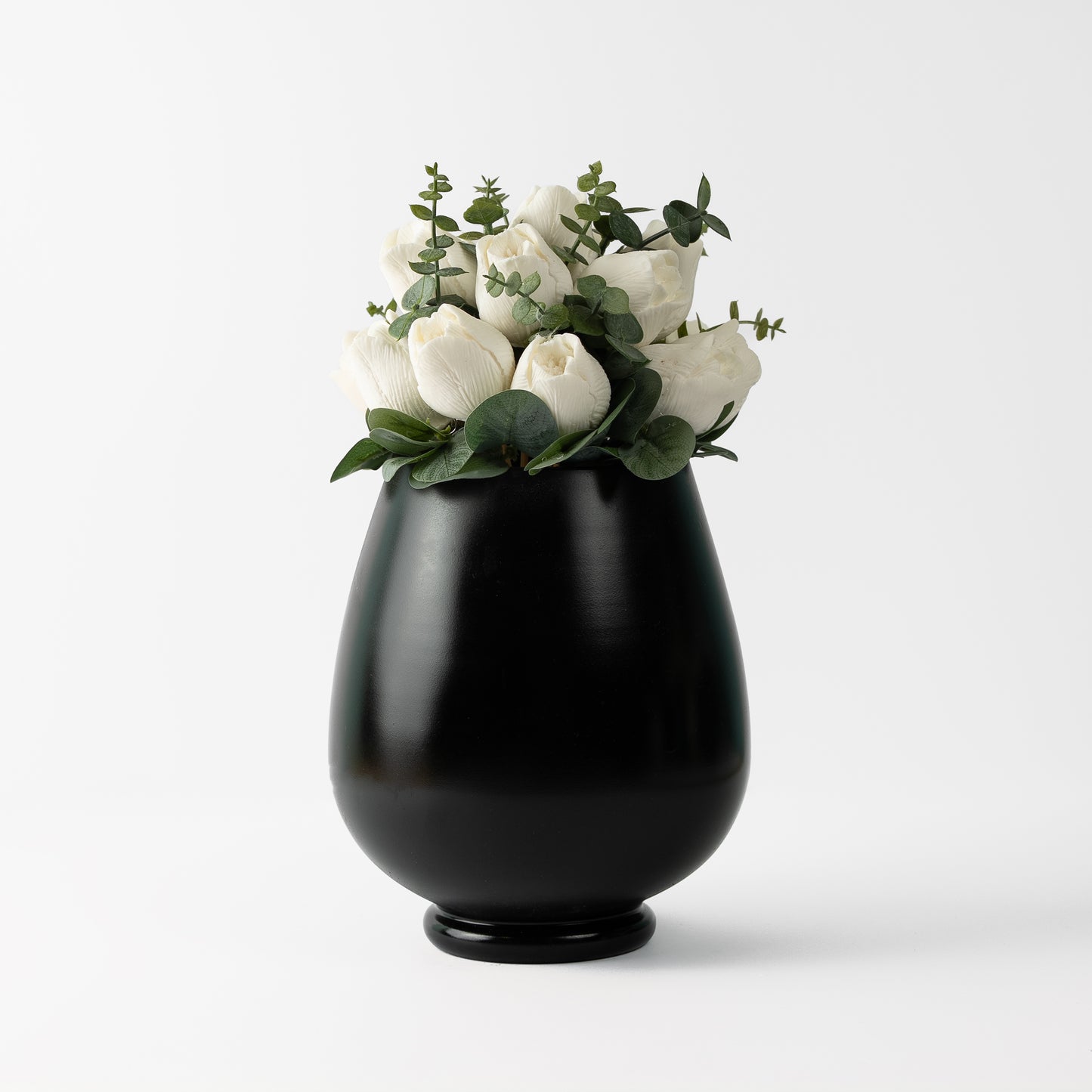 Elegant White Soap Tulip Bouquet in Black Ceramic Vase | Handmade Floral Décor