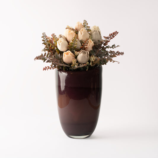 White Soap Tulip Bouquet in Dark Red Glass Vase | Elegant Floral Décor